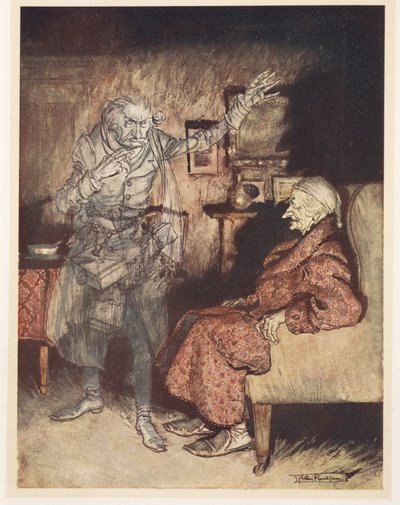 Illusztráció: Scrooge a karácsony múltjának szellemével alkotó: Arthur Rackham