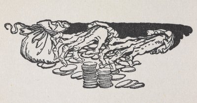 Illusztráció: Scrooge kezei számolják a pénzt alkotó: Arthur Rackham