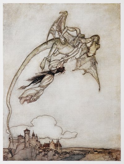 Illusztráció: egy sárkány, aki magával viszi a hercegnőt A négy okos testvérből. alkotó: Arthur Rackham