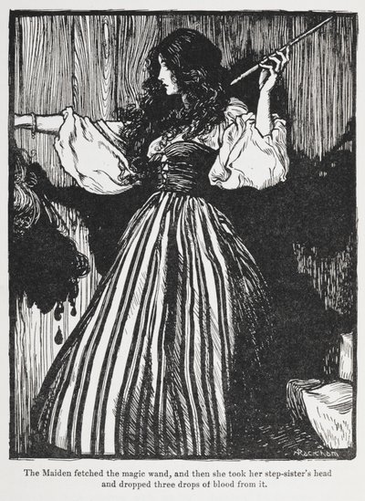 Illusztráció: egy lány csíkos ruhában, Sweetheart Rolandtól. alkotó: Arthur Rackham