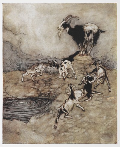 Illusztráció: egy kecske és fiatal gyerekei játszanak a Farkas és a hét kölyök című filmből. alkotó: Arthur Rackham