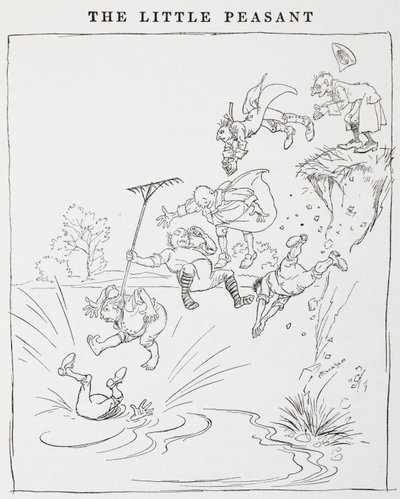 Illusztráció a szikláról a tóba ugráló férfiakról a Kis parasztok című filmből. alkotó: Arthur Rackham