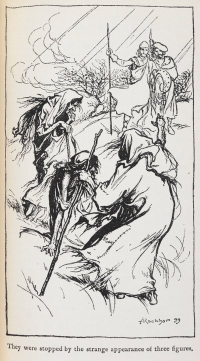 A három boszorkány, Macbeth és Banquo illusztrációja. alkotó: Arthur Rackham
