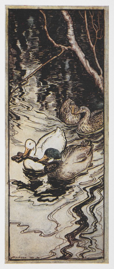 Illusztráció: két kacsa kulcsot hordozó méhkirálynőtől. alkotó: Arthur Rackham