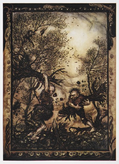 Illusztráció két óriásról, akik fákkal harcolnak a Vitéz szabóból. alkotó: Arthur Rackham