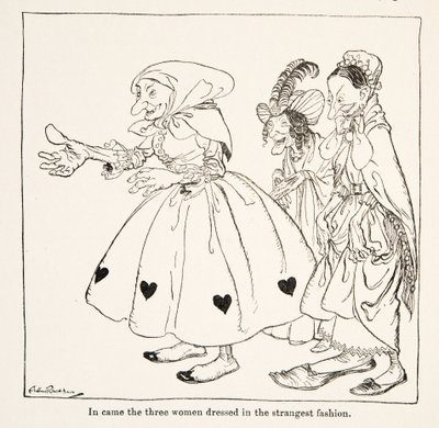Belépett a három legfurcsább módon öltözött nő, a Little Brother & Little Sister és a Grimm testvérek más meséiből, pub.1917 (litho) alkotó: Arthur Rackham