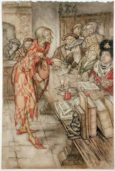 „Bejött a legfurcsább figura”, illusztráció a „The Pied Piper of Hamelin” című művéből, Robert Browning (1812-89) 1929-ben megjelent verziója (akvarell tollal és tintával papíron) alkotó: Arthur Rackham