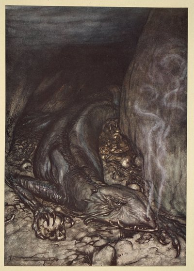 "Fafner most sárkány alakban őrzi a tárat", illusztráció a "Siegfried és az istenek alkonya"-ból. alkotó: Arthur Rackham