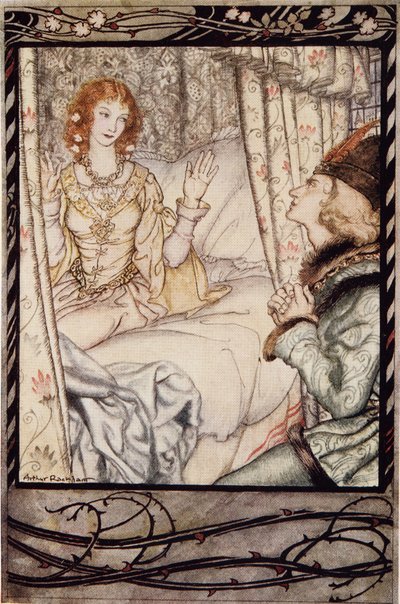 Te vagy az, hercegem? Nagyon régóta vártalak, az Arthur Rackham Fairy Book-ból, kocsmából. 1933 alkotó: Arthur Rackham