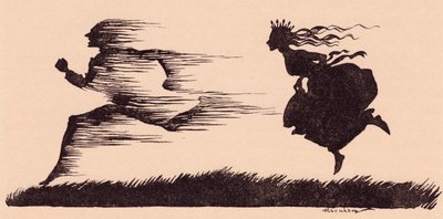 Mintha fütyült volna mellette a szél. Illusztráció: Arthur Rackham a Grimm tündérmeséjéből, Hogyan jutott el a hat emberhez a világban. alkotó: Arthur Rackham