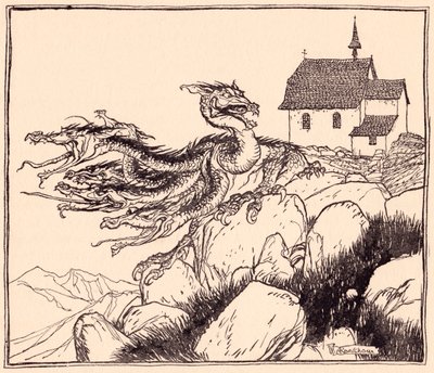 Nem sokkal később megérkezett a hétfejű sárkány hangosan ordítva. Illusztráció: Arthur Rackham a Grimm meséjéből, A két testvér. alkotó: Arthur Rackham
