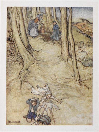 "Jack és Jill". Két gyerek leesik a dombról. Jill kiönt egy vödör vizet, míg Jack megüti a fejét. alkotó: Arthur Rackham