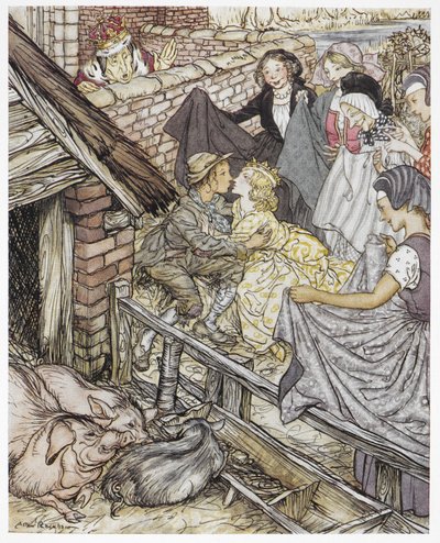 „Amikor a disznópásztor a nyolcvanhatodik csókot szedte”, a „The sertéspásztor” című illusztrációja, Hans Christian Andersen alkotó: Arthur Rackham
