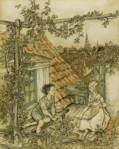 Kay és Gerda a kertjükben, magasan a tetőn. Illusztráció a Hókirálynő című meséhez, 18 alkotó: Arthur Rackham