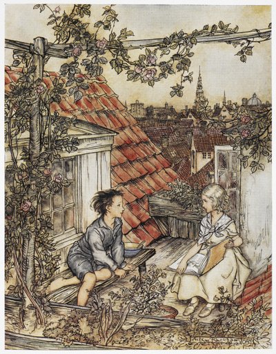 "Kay és Gerda a kertjükben, magasan a tetőn". Két gyerek ül egy ház tetején. Illusztráció: "A kislány és a kisfiú". alkotó: Arthur Rackham