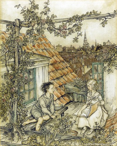 La Reine des neiges – Kay és Gerda a kertjükben, magasan a tetőn. Illusztráció a Hókirálynő Rackham, Arthur (1867-1939) című meséjéhez alkotó: Arthur Rackham