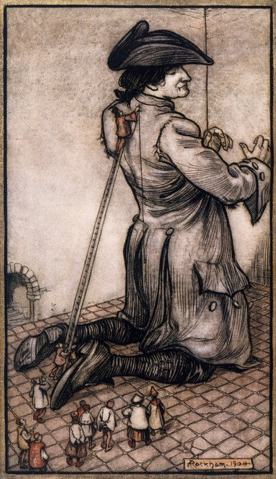 A liliputi szabók megmérik Gullivert, hogy új öltönyt készítsenek neki, Arthur Rackham (1867-1939) illusztrációja Jonathan Swift (Dublin) Gulliver utazásaiból alkotó: Arthur Rackham
