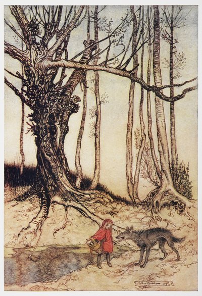 Piroska és a farkas az erdőben. alkotó: Arthur Rackham