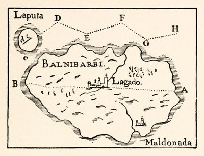 Laputa (repülő sziget jobbra fent) és Balnibarbi (fő kikötő Maldonado) térképe a III. részből: Utazás Laputába, Balnibarbiba, Luggnaggba, Glubbdubdribbe és Japánba a Gullivers Travels-ben, Jonathan Swift alkotó: Arthur Rackham