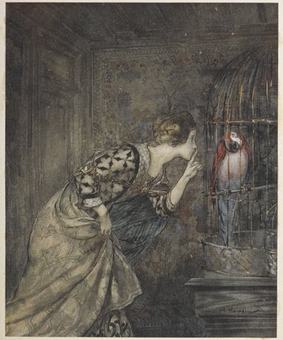 May Colvin és egy papagáj egy ketrecben. alkotó: Arthur Rackham