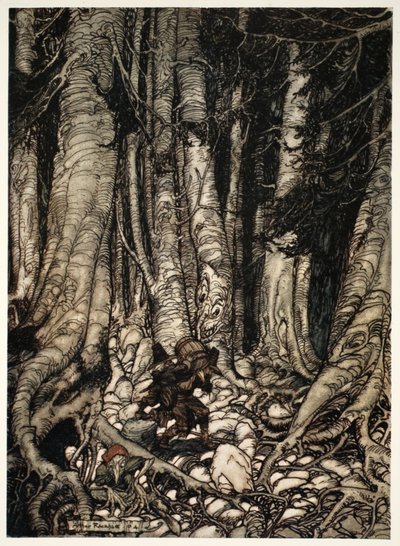 Kölcsönösen tehermentesítve egymást, felkapaszkodtak egy keskeny víznyelőn. Rip Van Winkle-ből, Washington Irvingtől, kocsmából. 1910 alkotó: Arthur Rackham