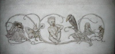 Pán Péter, 1906-ban megjelent „Pán Péter a Kensington Gardensben, London” illusztrációja (toll, tinta és akvarell papíron) alkotó: Arthur Rackham