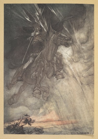 "Dühöngve, Wotan a Sziklára lovagol! Mint viharszél jön!" alkotó: Arthur Rackham