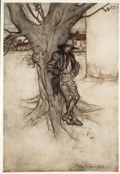 Rips fia, önmaga pontos megfelelője, ahogy felment a hegyre. Rip Van Winkle-től Washington Irvingtől, kocsmából. 1910 alkotó: Arthur Rackham