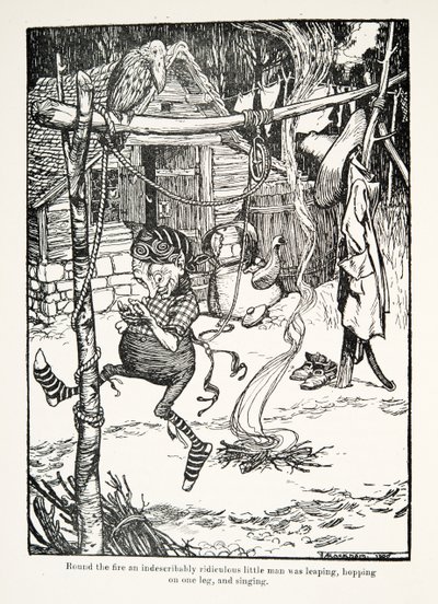 A tűz körül egy leírhatatlanul nevetséges kis ember ugrált, egyik lábán ugrált és énekelt, a Grimm testvérek meséiből, kocsmából. 1909 alkotó: Arthur Rackham