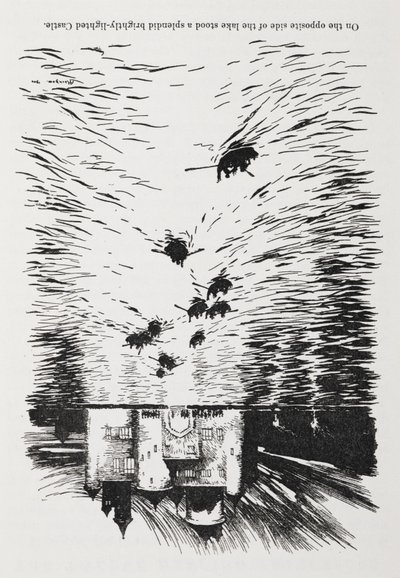 Evezős csónakok a folyón, éjjel egy kastélyhoz közeledve. alkotó: Arthur Rackham