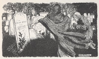 Scrooge és egy szellem a temetőben éjjel. alkotó: Arthur Rackham