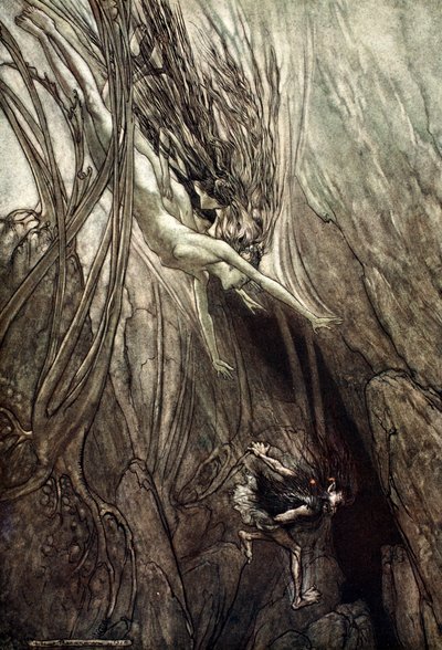 – Ragadd meg az elrontót! Mentsd meg az aranyat! Segíts nekünk! Segíts nekünk! Jaj! Jaj!”, 1910. alkotó: Arthur Rackham