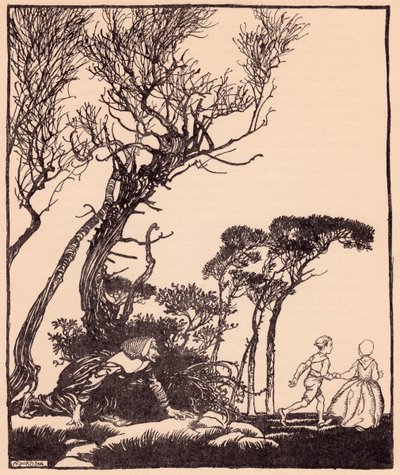 Titokban utánuk lopódzott, ahogy a boszorkányok szoktak. Illusztráció: Arthur Rackham a Grimm tündérmese Kistestvér és kistestvér c. alkotó: Arthur Rackham