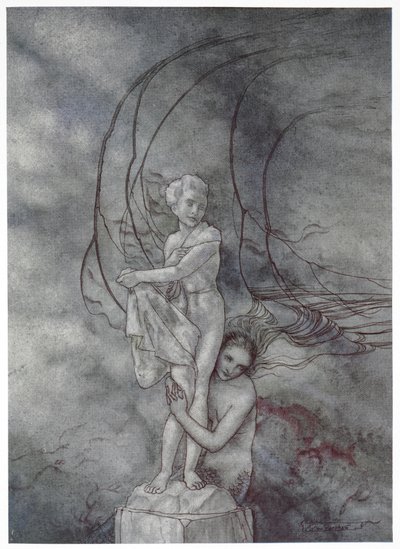 – Átkarolta a márványfigurát, amely olyan volt, mint a herceg. Illusztráció a történethez, "a kis sellő". alkotó: Arthur Rackham