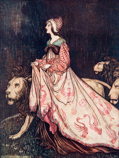 Elment az Oroszlánokkal, a Grimm testvérek tündérmeséiből, a kocsmából. 1909 alkotó: Arthur Rackham