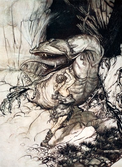 "Siegfried megöli Fafnert", 1924. alkotó: Arthur Rackham