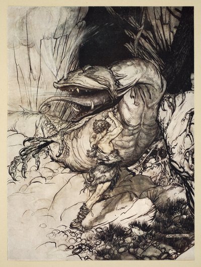 Siegfried megöli Fafnert, illusztráció a "Siegfried és az istenek alkonya" című filmből, 1924 alkotó: Arthur Rackham