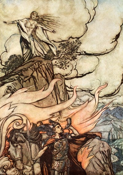 "Siegfried elhagyja Brunnhildét kalandot keresve" (1924). alkotó: Arthur Rackham