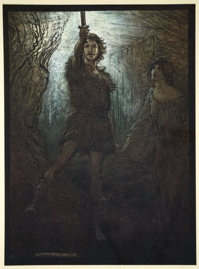 – Látod Siegmundot, a Walsungot! Menyasszonyajándékként a kardját hozza neked, 1910. alkotó: Arthur Rackham