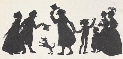 Egy fiatal fiú és egy férfi sziluettje üdvözli az embereket a templomból hazafelé. alkotó: Arthur Rackham
