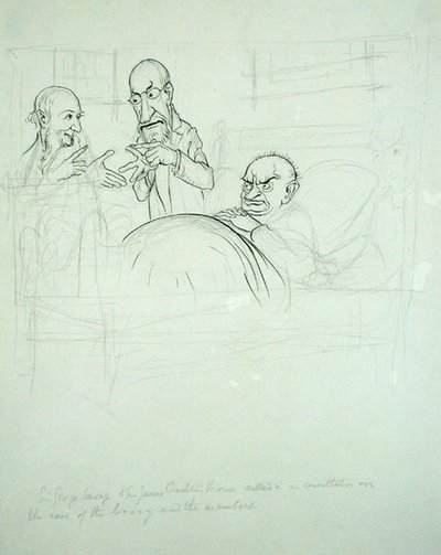 Sir George Savage és Sir James Crichton Browne (1840-1937) egyeztetett a BXXXY és a tagok (toll, tinta és ceruza papíron) ügyében. alkotó: Arthur Rackham