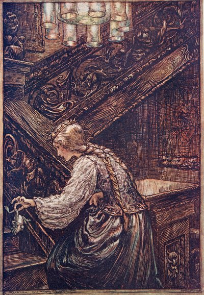 Így hát megragadta két ujjal, és felvitte az emeletre..., a Grimm testvérek meséiből, kocsmából. 1909 alkotó: Arthur Rackham