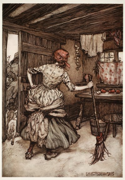 Úgy, hogy alig akarta megvonni az erőit, és kilépni a házból – az egyetlen oldalra, amely valójában a tyúkszemű férjé. Rip Van Winkle-től Washington Irving, kocsma. 1910 ( alkotó: Arthur Rackham
