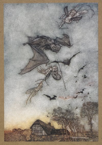 Néhány háború vere-egerekkel a bőr szárnyaikért. Jelenet a Szentivánéji álomból. alkotó: Arthur Rackham
