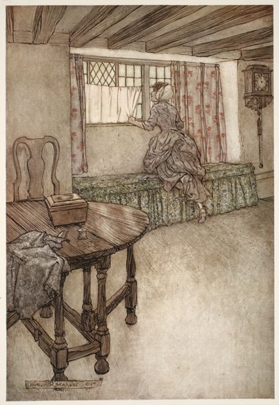Furcsa nevek voltak az ajtók fölött – furcsa arcok az ablakoknál – minden furcsa volt. Rip Van Winkletől, Washington Irvingtől, kocsmától. 1910 alkotó: Arthur Rackham