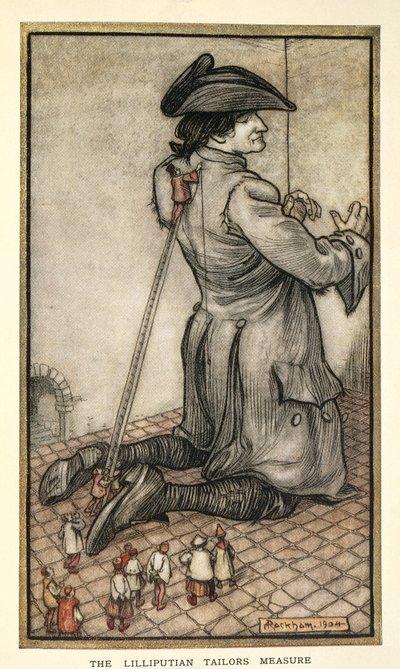 Lilliput szabói Gullivert mérve, illusztráció a Gulliver utazásaiból, Jonathan Swift, Arthur Rackham alkotó: Arthur Rackham