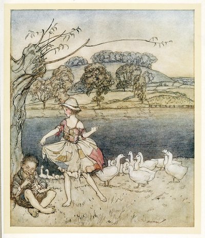 Tattercoats táncol, miközben a libapásztor pipa, az English Fairy Tales, kocsma. 1922 alkotó: Arthur Rackham