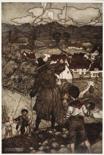 Megtanította őket sárkányrepülni. Rip Van Winkletől, Washington Irvingtől, pub. 1910 alkotó: Arthur Rackham