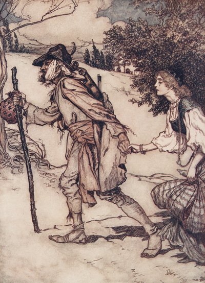 A Koldus kézen fogta, és elvezette a Grimm testvérek tündérmeséiből, a kocsmából. 1909 alkotó: Arthur Rackham