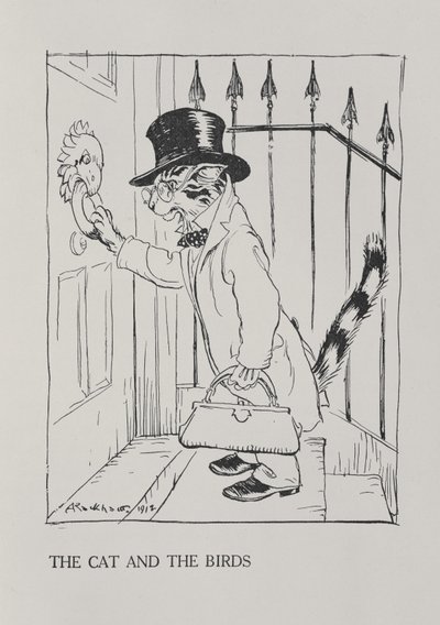 A macska és a madarak, illusztráció Aesopus meséiből, kiadta Heinemann, 1912. alkotó: Arthur Rackham